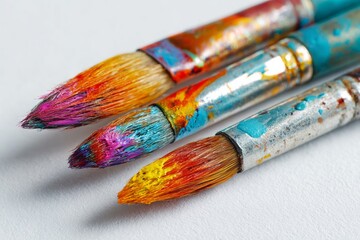 Fototapeta premium Macro shot of well-used artist paintbrushes covered in vivid, colorful paint against a white background, symbolizing creativity and art