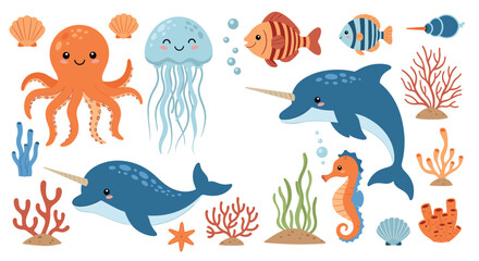 Cute cartoon underwater creatures and marine life.