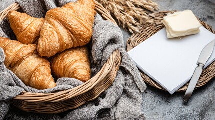 Indulge in fresh croissants with butter for a delightful breakfast or brunch recipe, perfect for a cozy morning or a bakery menu promotion