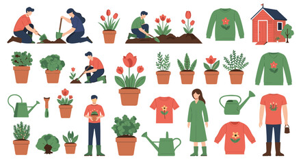 Set of people gardening planting flowers and caring for houseplants.