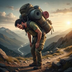 Exhausted male hiker struggles with an overloaded backpack while trekking a steep mountain trail during scenic sunset.