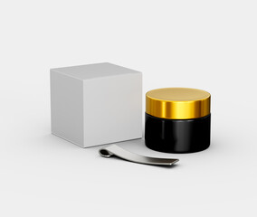 A sleek black jar with a gold lid, a silver spatula and a plain white box. 3d illustration