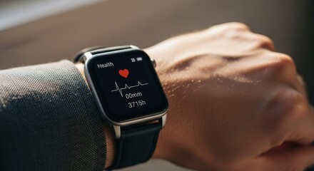 Smartwatch displaying a heart rate.  Wrist-worn device showing health metrics