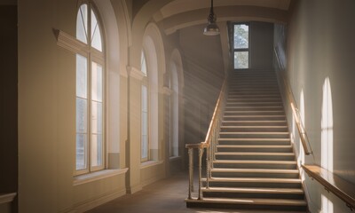 Sunlight streams through a long hallway with arched windows and stairs