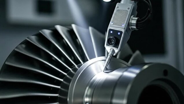 Close-up of industrial metal object being inspected by a scanning device in a workshop