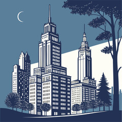 Obraz premium Cityscape illustration featuring tall buildings and a crescent moon at night