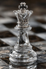 Glass king chess piece, isolated transparent figurine on white background for 3D rendering and realistic presentation.