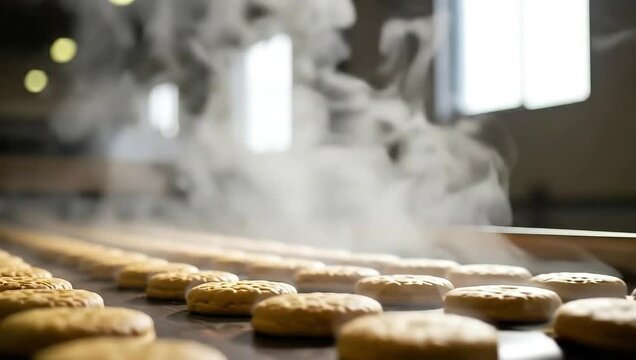 Freshly baked cookies move on a conveyor belt, steam rises, and light streams through a window