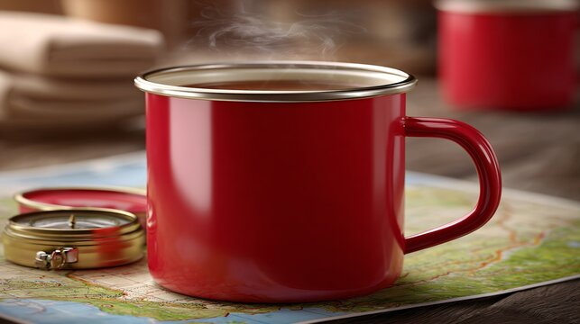 Steaming red enamel mug with compass and map evokes adventure and cozy outdoor mornings