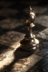 Golden pawn chess piece, isolated figurine on white background for 3D rendering and realistic presentation.