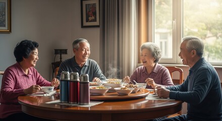 Joyful older asian couples enjoying a cozy homemade dinner together with friends at their welcoming home.
