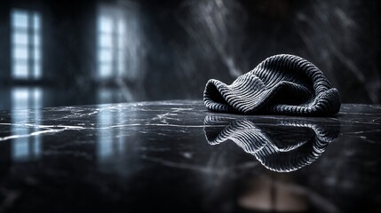 Cozy ribbed knit beanie resting on a sleek, reflective black marble surface, evoking winter warmth and modern style.