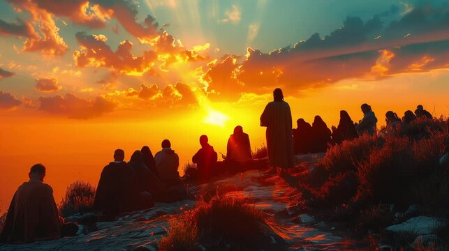 Jesus delivering a powerful message to a large crowd during a stunning sunset backdrop 