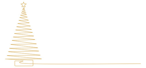 Minimalist one line drawing of a Christmas tree with a star on top, created in golden color. The simple geometric zigzag design represents a stylized pine tree standing on a flat base