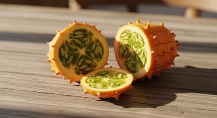 Two halves of a prickly fruit, vibrant orange-yellow, lie on a light brown wooden surface.  The interior reveals a pattern of light green seeds.  Sunlight highlights the texture