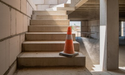Unfinished concrete staircase in a new construction site. A safety cone sits on a step