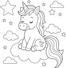 Adorable Cartoon Unicorn Sitting on a Cloud with Stars and Sky. Cute Black and White Easy Coloring Page for Kids and Preschoolers