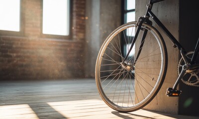 Vintage bicycle leaning against a concrete wall in a sunlit industrial space