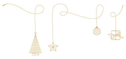 Minimalist one line drawing featuring hanging Christmas decorations including a Christmas tree, star, ornament ball, and wrapped gift box. The elegant continuous golden line creates a modern 
