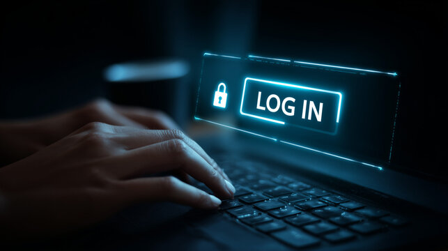 Professional hands typing on a sleek, dark laptop, with a minimalist, glowing blue holographic login interface floating just above the keyboard. A large, centered lock icon and a solid blue "LOG IN"