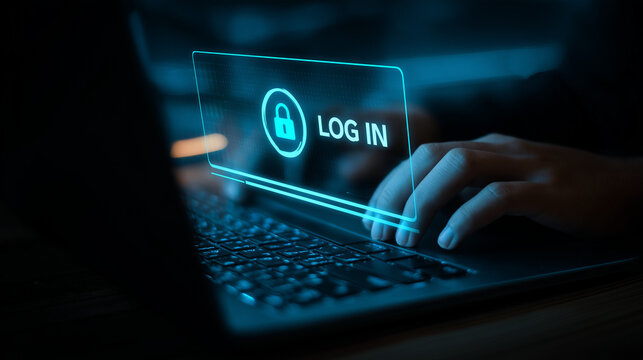 Professional hands typing on a sleek, dark laptop, with a minimalist, glowing blue holographic login interface floating just above the keyboard. A large, centered lock icon and a solid blue "LOG IN" - Powered by Adobe