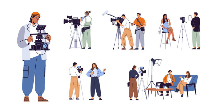 Set of videographers with cameras. Crew of video makers is shooting a movie or TV show. Journalists are making reportages, recording films. Flat isolated vector illustrations on white background