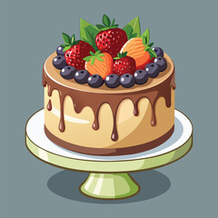 Realistic Cake Illustration,Chocolate and Berry Dessert Cake Vector,Fresh Fruit Cake Vector,Tasty Dessert Cake Illustration,
