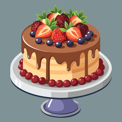Realistic Cake Illustration,Chocolate and Berry Dessert Cake Vector,Fresh Fruit Cake Vector,Tasty Dessert Cake Illustration,