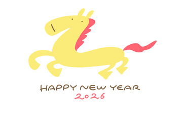 黄色のカラフルな馬が走るポップな年賀状　2026 正月素材