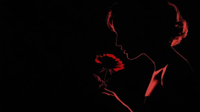 Silhouette woman holding red rose dramatic lighting background. Delicate features. Flower symbolizes love, young beauty. Mystery and romance. Femininity, passion emotional expression. Art illustration