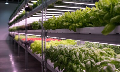 Rows of hydroponic plants under LED lights
