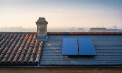 Rooftop with solar panels and traditional tiles
