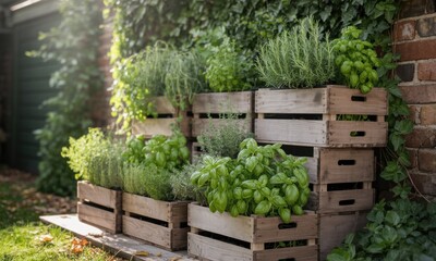 Rustic herb garden in tiered wooden crates against a brick wall. Sunlight filters through foliage