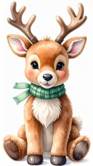 Cute Cartoon Deer with Green Scarf Sitting on a White Background Digital Illustration
