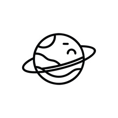 A black and white outline drawing of a planet with a ring system and a face