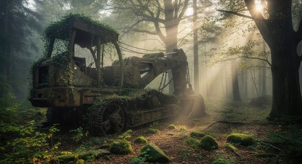 Rusty excavator in a sunlit, misty forest.  Overgrown with vines and moss