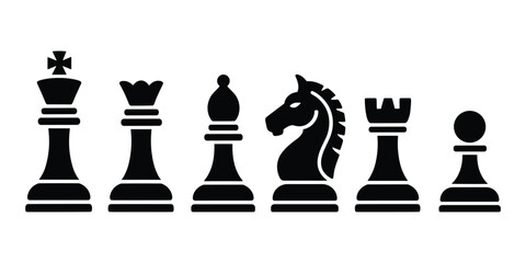 Black chess pieces set silhouette on white background, minimalist vector icons of king queen bishop knight rook and pawn, strategy game design illustration