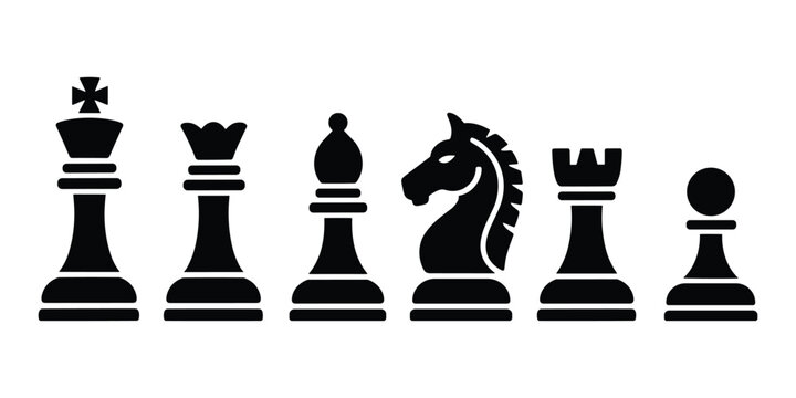 Black chess pieces set silhouette on white background, minimalist vector icons of king queen bishop knight rook and pawn, strategy game design illustration