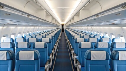 Airplane cabin interior with blue seats, overhead bins, and aisle view