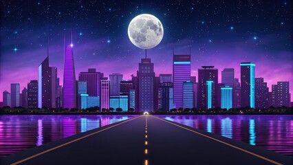 Cityscape at night, moonlit reflections on the water over a scenic road