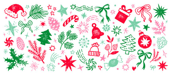 Christmas doodle icons. Xmas sketch crayon holly plant, tree, bow, gift. Doodle vector illustration. Winter and Xmas holiday element. Cute kid hand drawn pattern. Vintage chalk Merry Christmas line bg