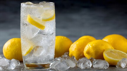 Refreshing tall glass of ice cold lemonade with fresh lemons and condensation, perfect for summer thirst quenching and vibrant beverage advertising.