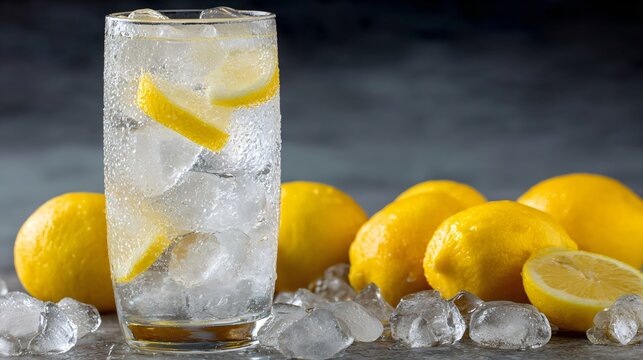 Refreshing tall glass of ice cold lemonade with fresh lemons and condensation, perfect for summer thirst quenching and vibrant beverage advertising.