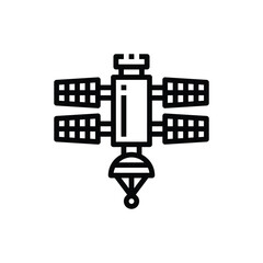 A black line art illustration of a satellite with solar panels and antennas