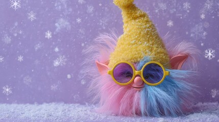 A colorful, fluffy toy creature with a yellow hat and round glasses. The background features a soft purple color with snowflakes, creating a whimsical winter atmosphere.