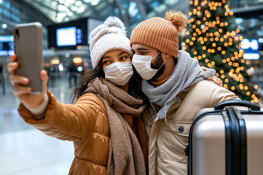 Young couple wearing protective face masks and warm winter clothing, standing together, smiling, and taking a selfie in front of a blurred Christmas tree