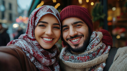 smiling arabia couple taking selfie with winter drinks in coffee shop, festive background, joyful expressions, lifestyle holiday moment