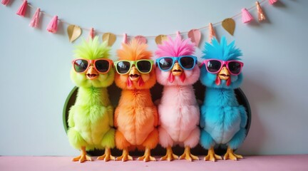 Four colorful chicks in sunglasses stand together. They are bright green, orange, pink, and blue, with festive decorations in the background.