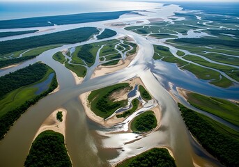 Expansive delta waterway with branching rivers and green islands