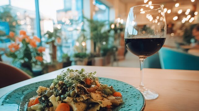 Savoring a delectable pasta dish with a glass of rich red wine in a cozy restaurant setting, perfect for culinary content and lifestyle promotions.